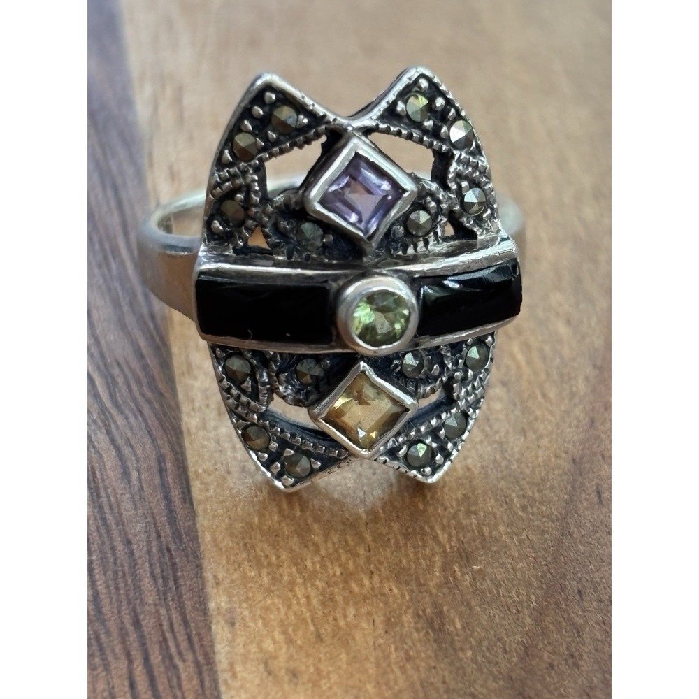 Vintage Sterling, Onyx, Marcasite, Citrine, & Peridot Ring Size 7.75